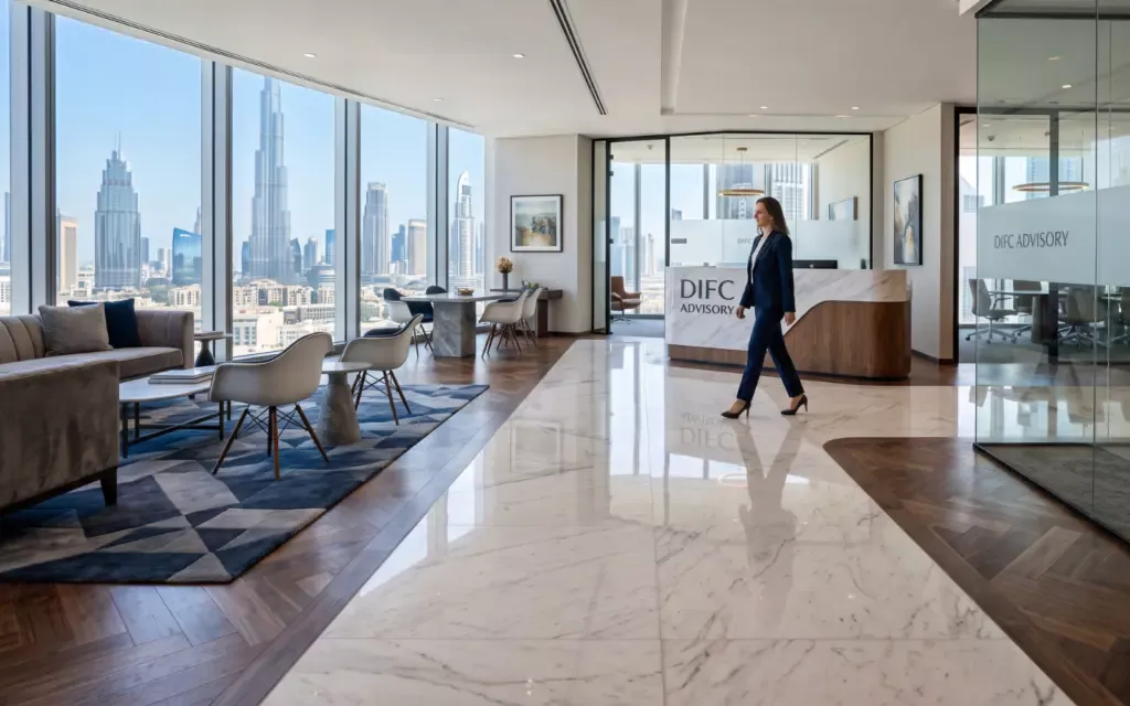 Marble-floored office lobby with floor-to-ceiling windows over the skyline