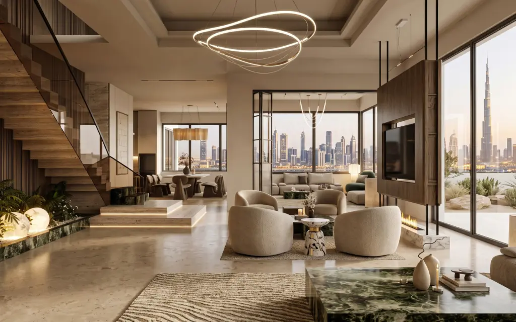Living room with a sculptural ring pendant and a city skyline view
