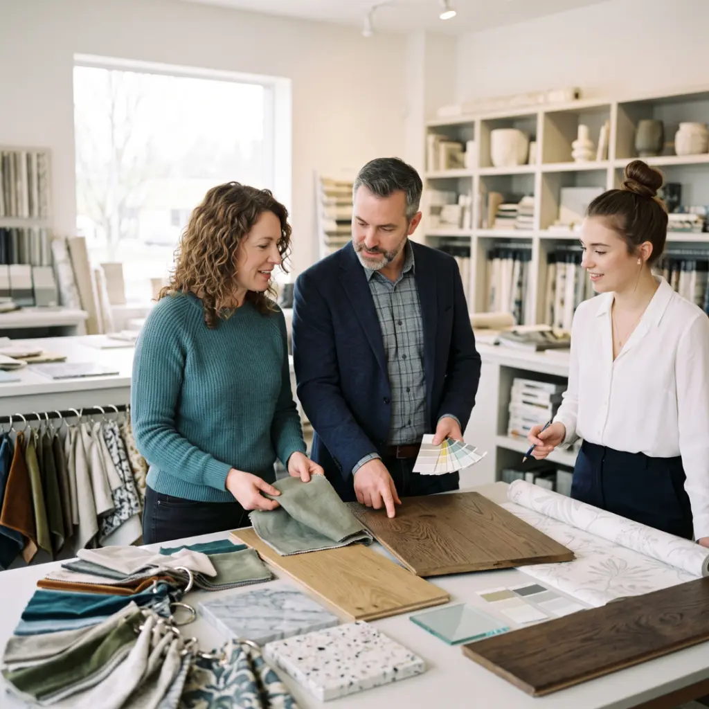 Designers reviewing fabric and material samples in the studio