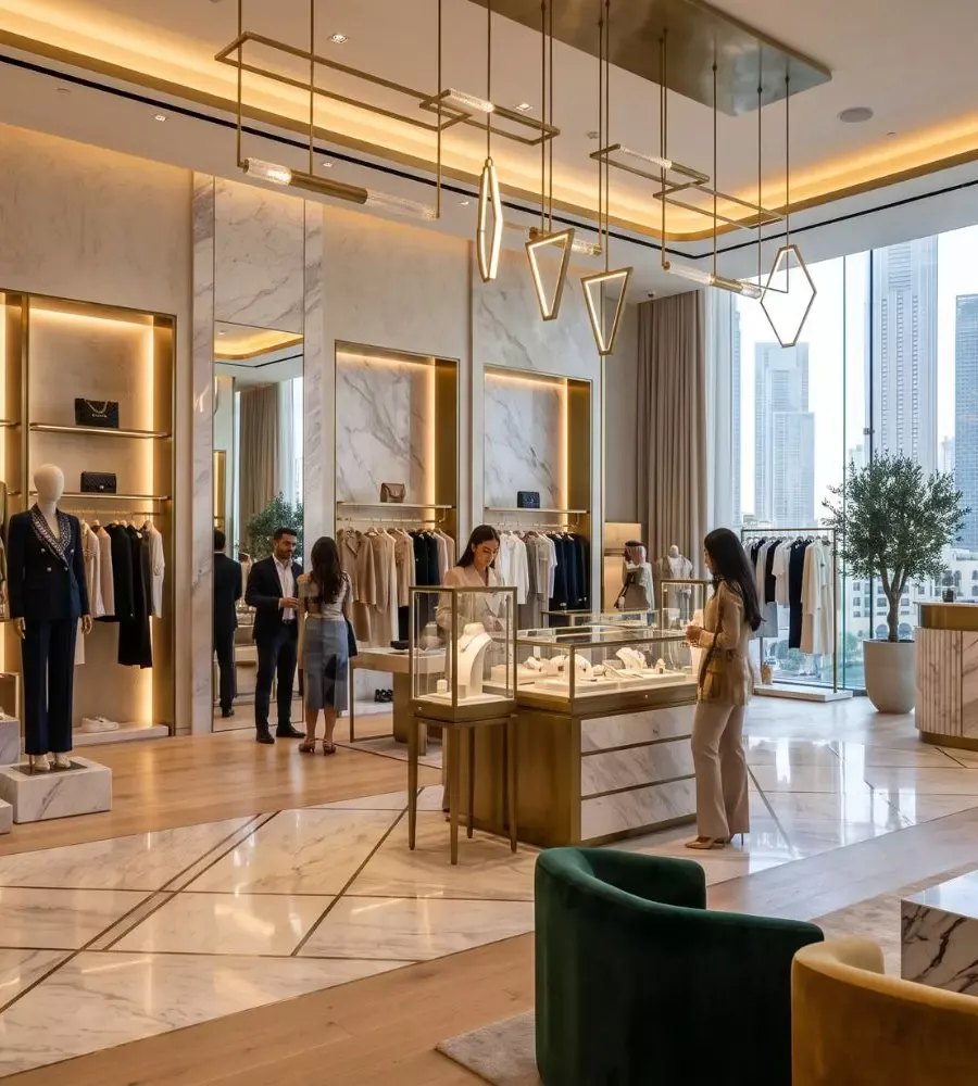 Boutique retail interior with display joinery and pendant lighting