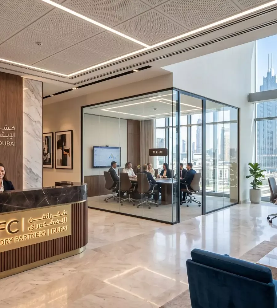 Office reception desk with a brand wall and glass meeting rooms