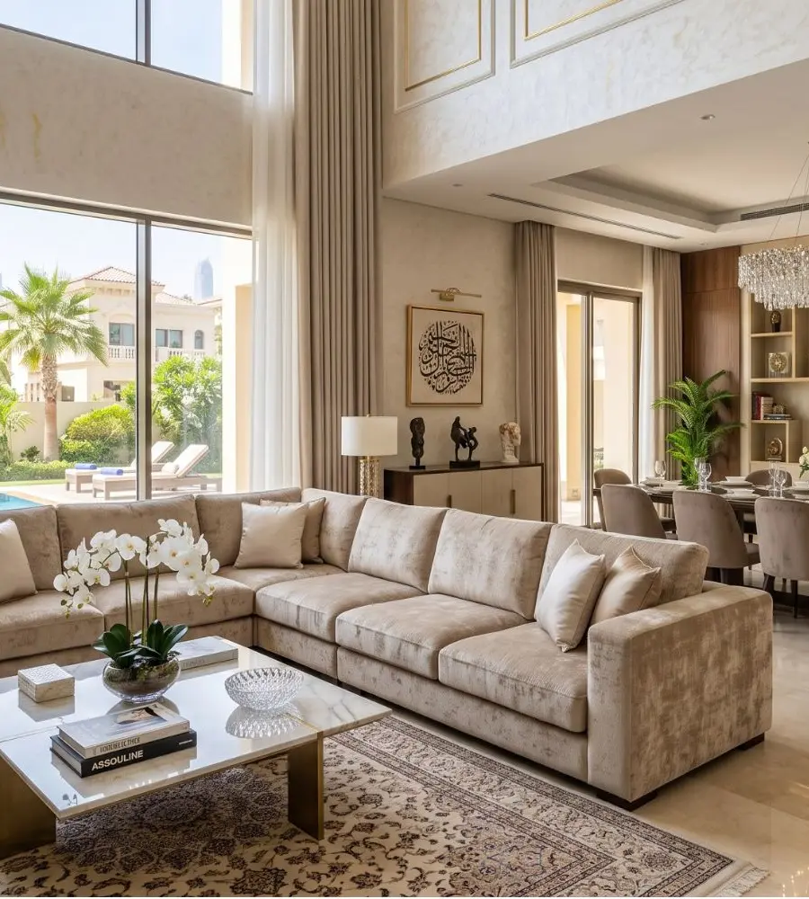 Double-height villa living room overlooking a pool