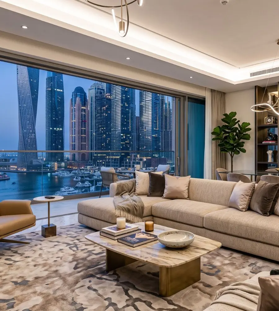 Penthouse living room overlooking marina towers