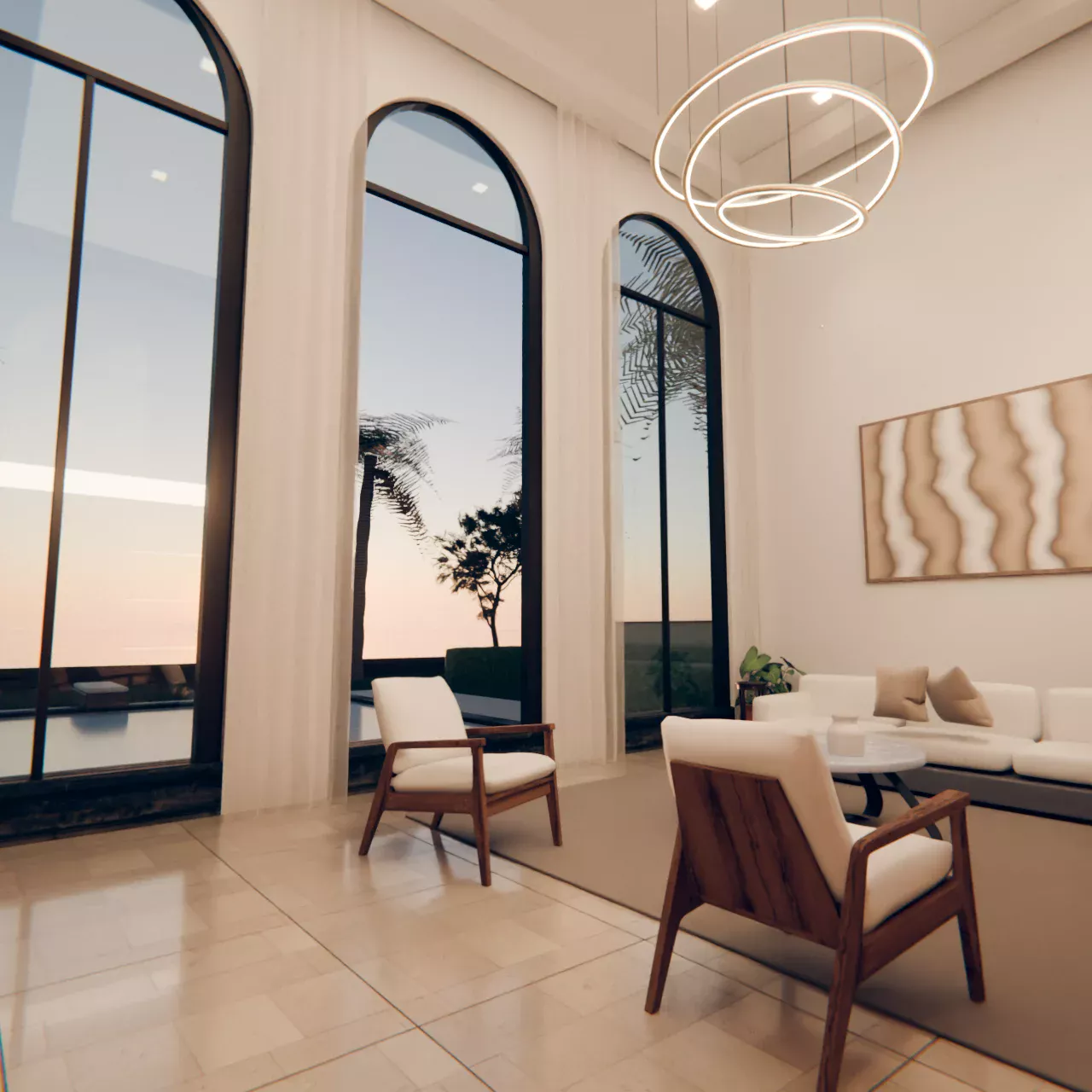 A ring chandelier in the double-height room
